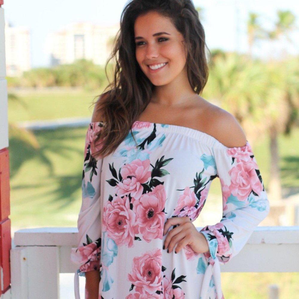 NWT Saved By the Dress Ivory and Pink Floral Off Shoulder Short Dress
